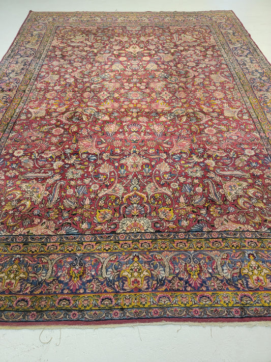 Antique Hand-Knotted Wool Area Rug Kerman Rahvar Collectible 8'7" x 11'9"