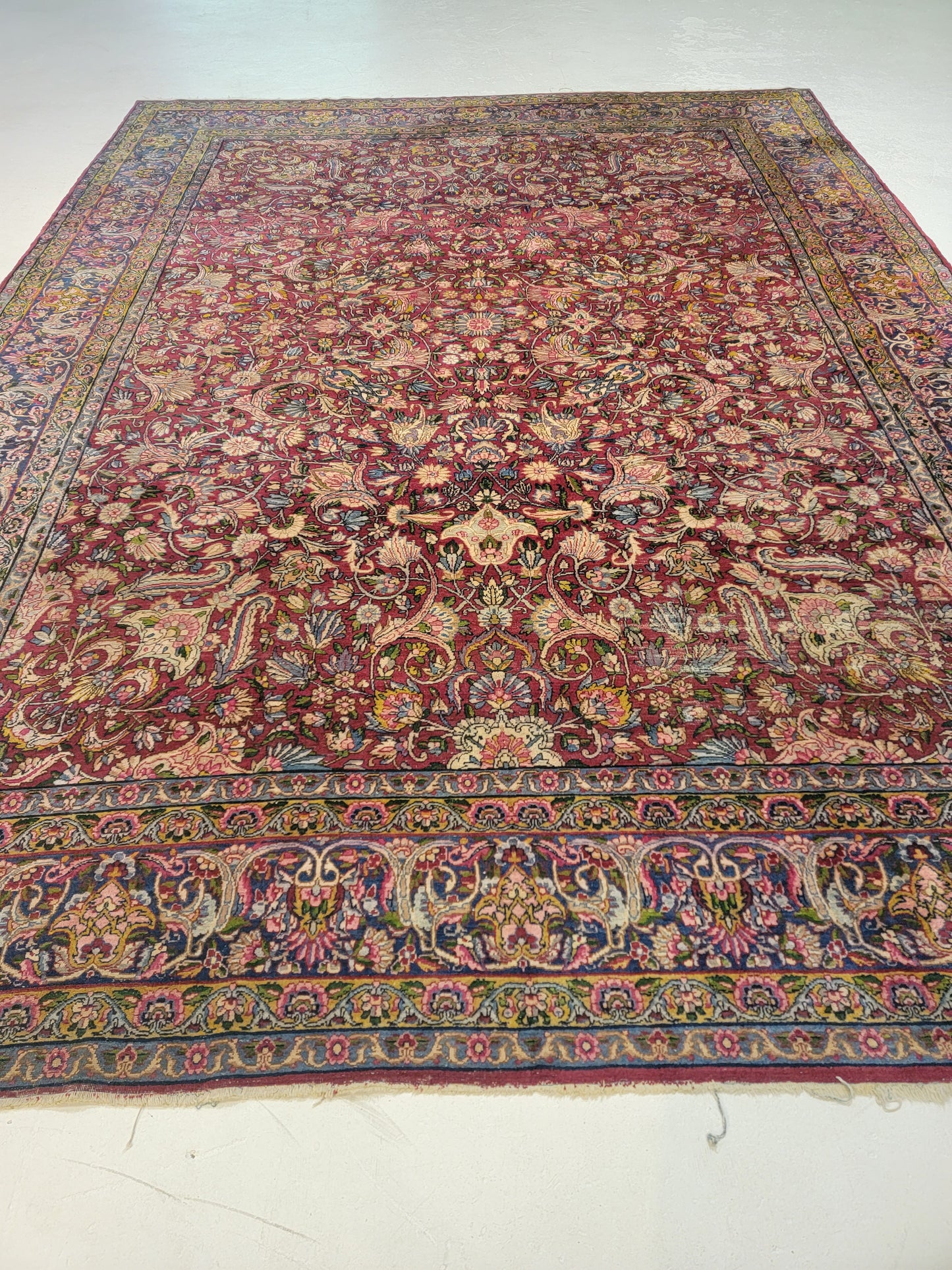 Antique Hand-Knotted Wool Area Rug Kerman Rahvar Collectible 8'7" x 11'9"