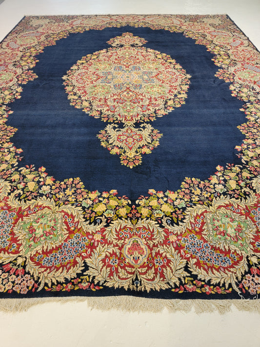 Antique Hand-Knotted Wool Rug Kerman 11'2" x 14'8"