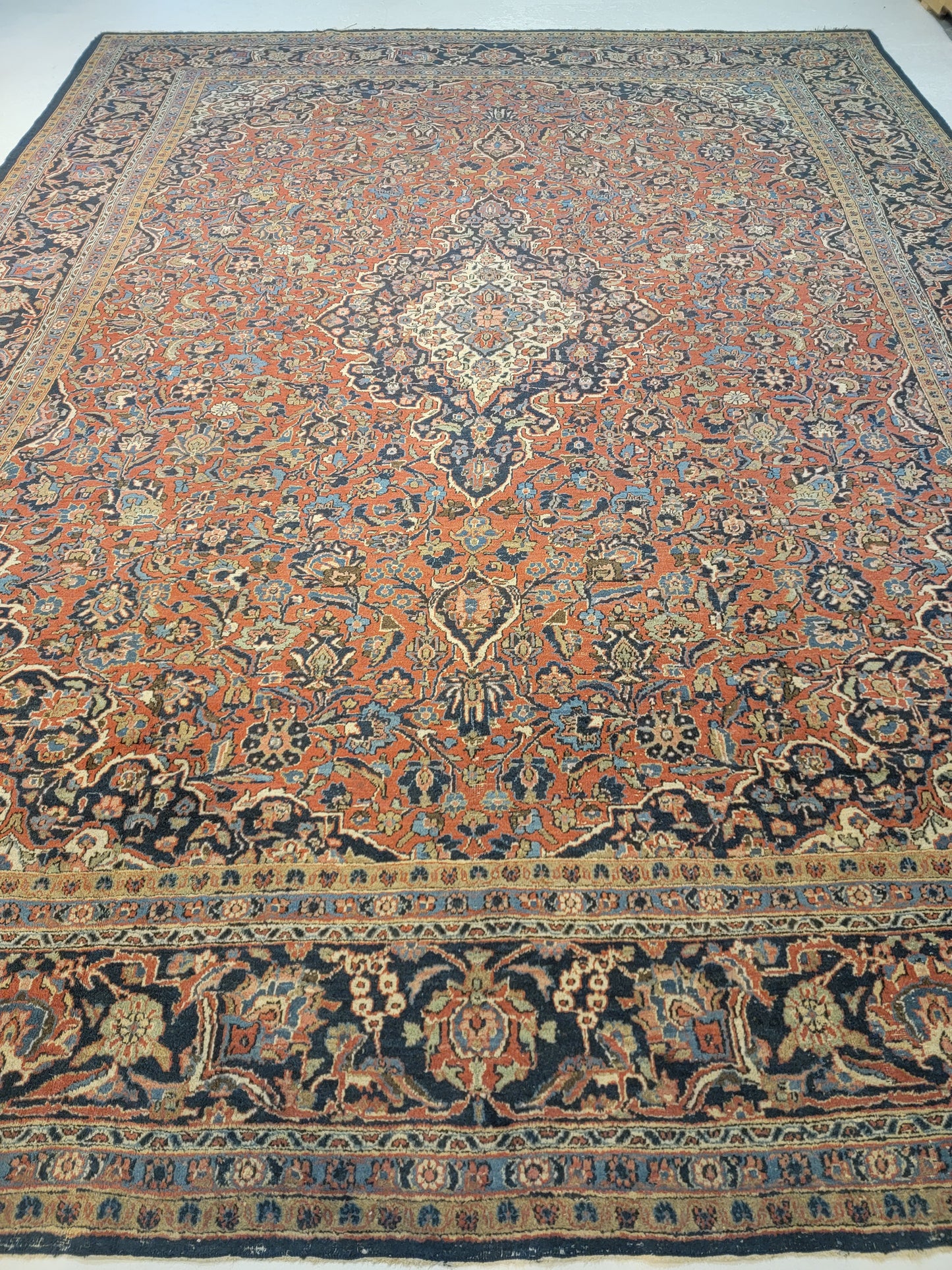 Antique Hand-Knotted Wool Rug Kashan 10'3" x 13'8"
