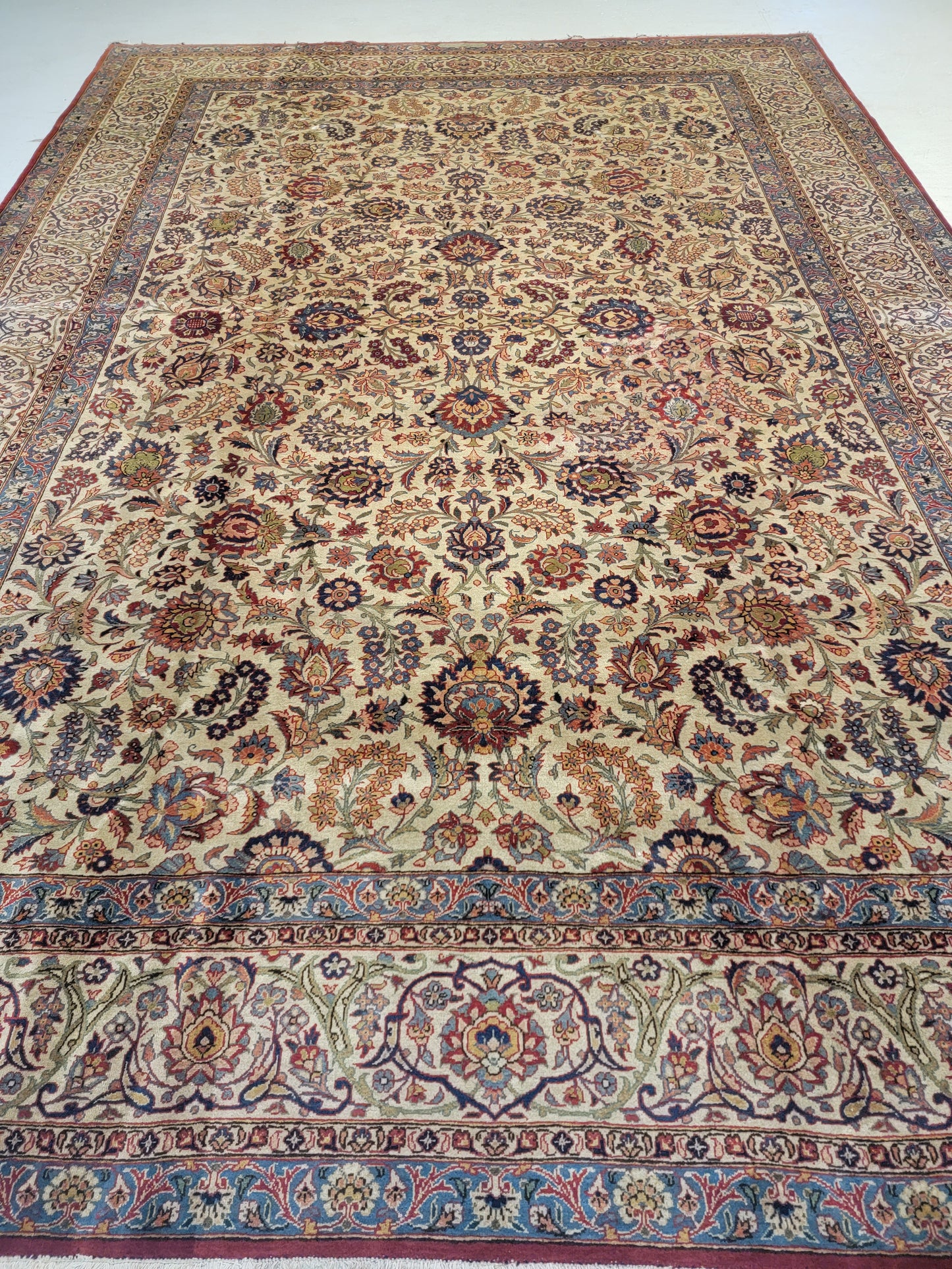 Antique Hand-Knotted Wool Rug Kashan Signed 9' x 13'