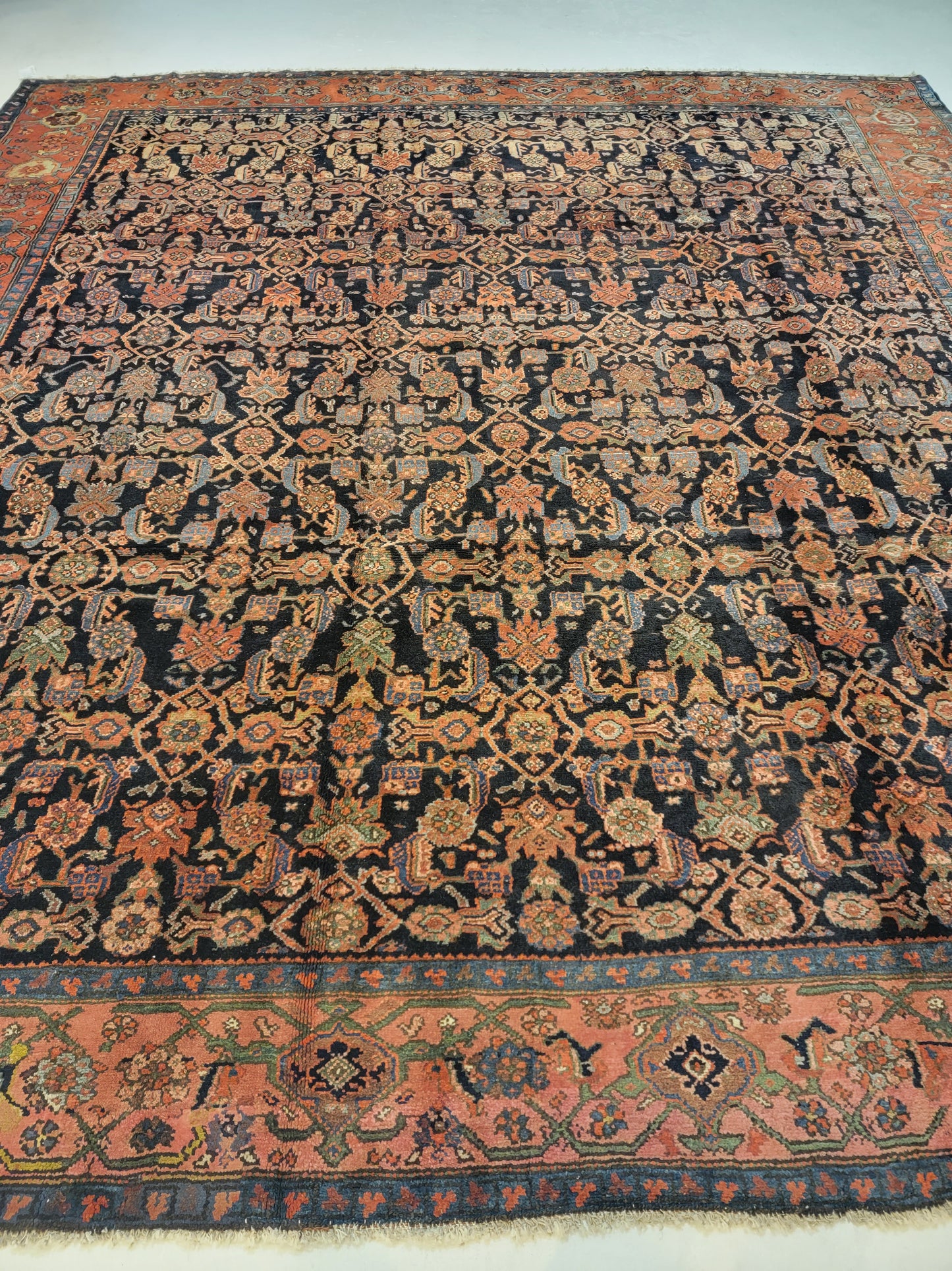 Antique Hand-Knotted Wool Rug Kurdish Malayer Herati Design 10'1" x 10'11"