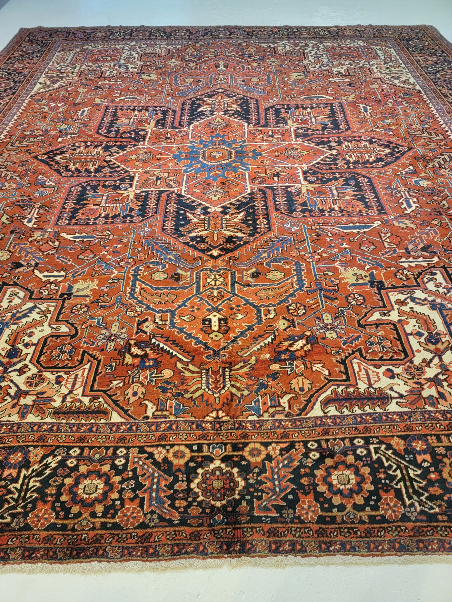 Antique Hand-Knotted Wool Rug Heriz 13'4" x 15'5"
