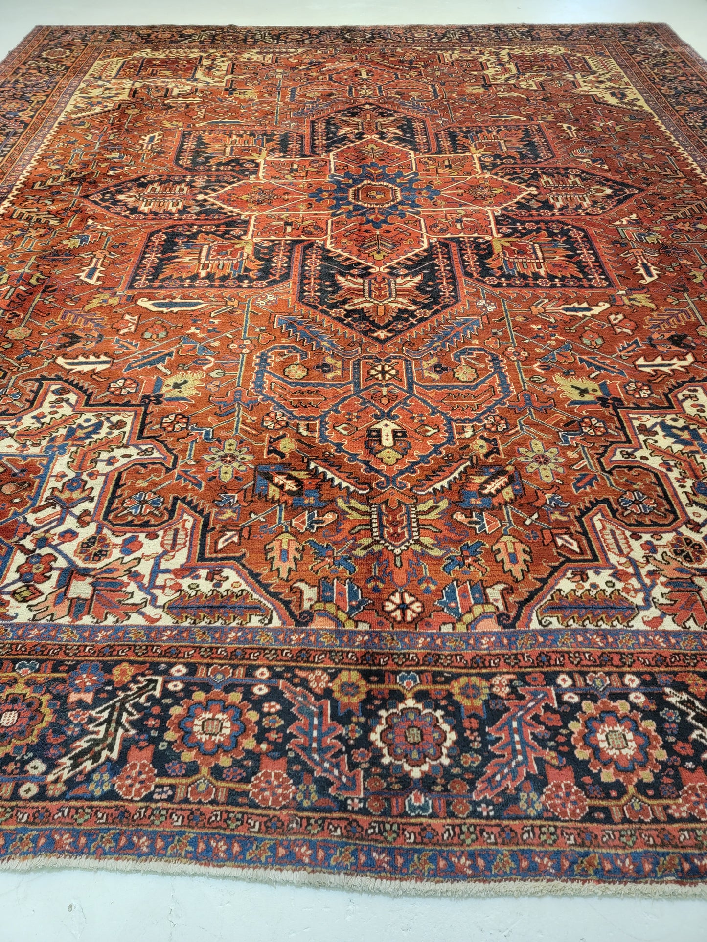 Antique Hand-Knotted Wool Rug Heriz 13'4" x 15'5"