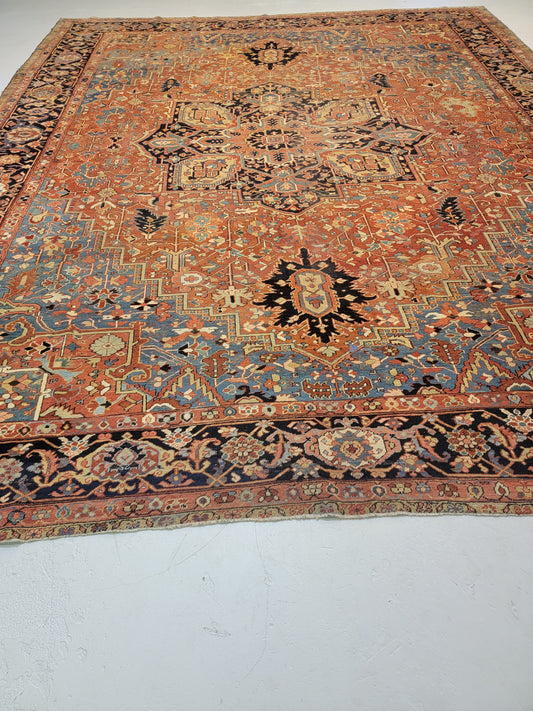 Antique Hand-Knotted Wool Area Rug Heriz 12'8" x 15'1"