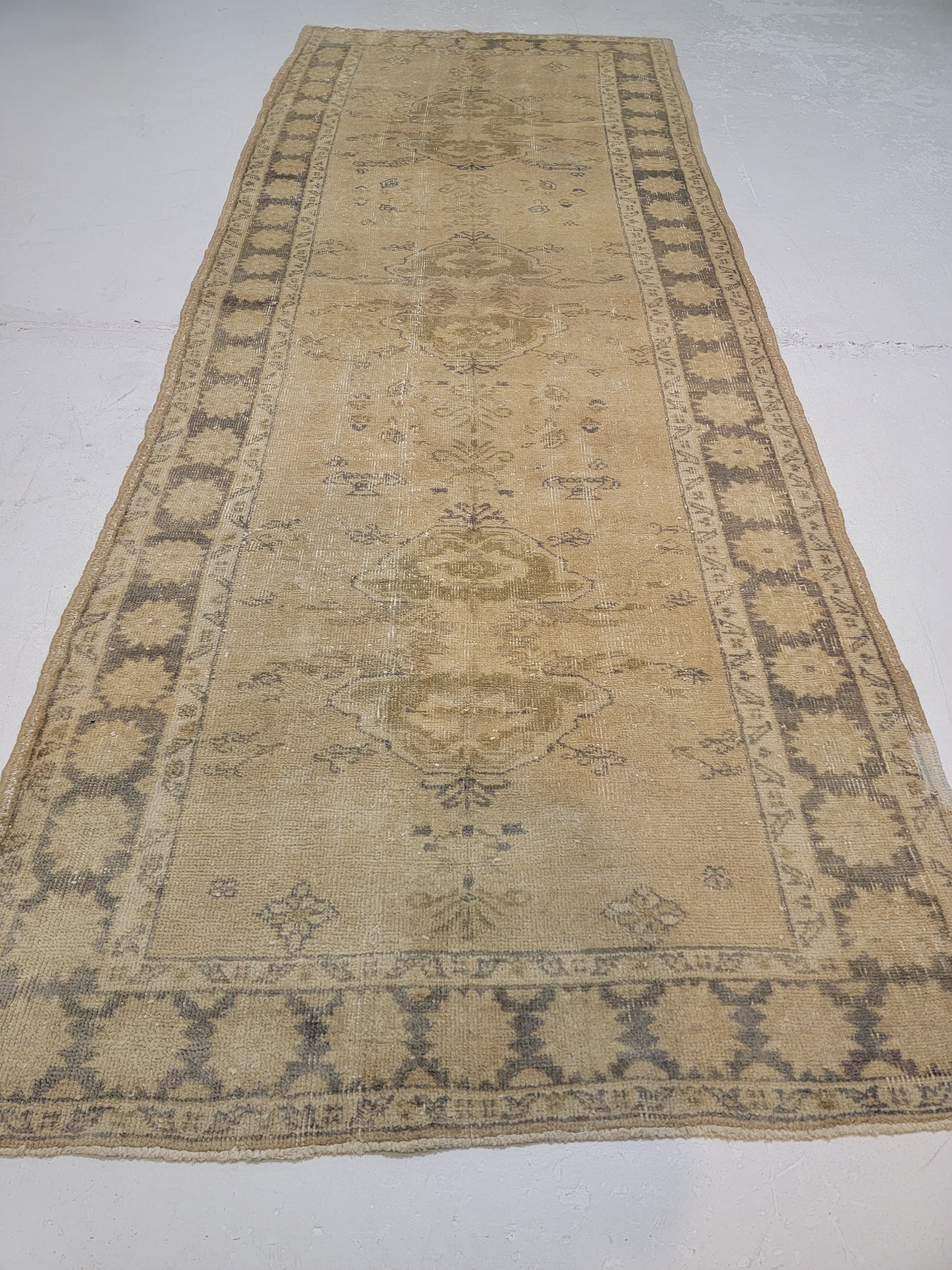 Hand-Knotted Wool Runner Turkish Oushak 3'10" x 9'10"