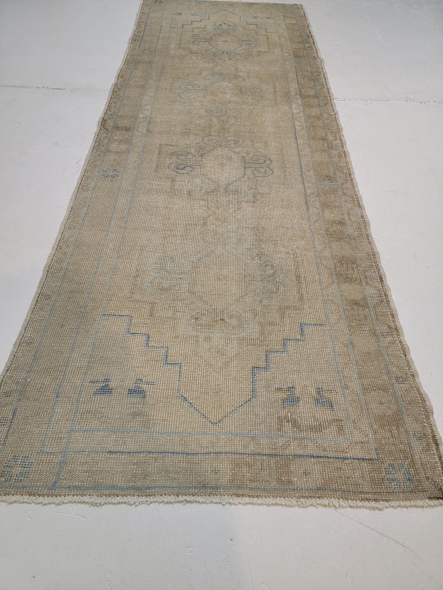Hand-Knotted Wool Runner Turkish Oushak 3'2" x 9'1"