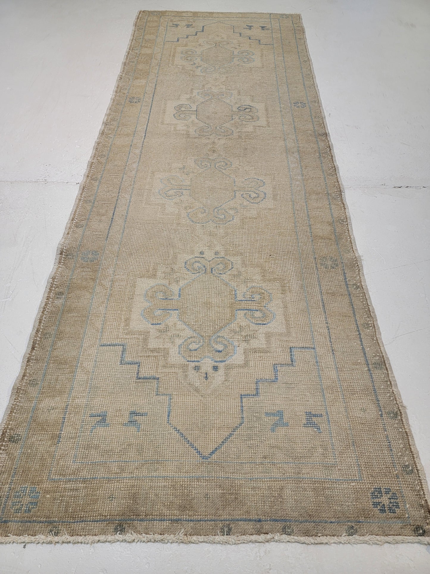 Hand-Knotted Wool Runner Turkish Oushak 3'2" x 9'1"