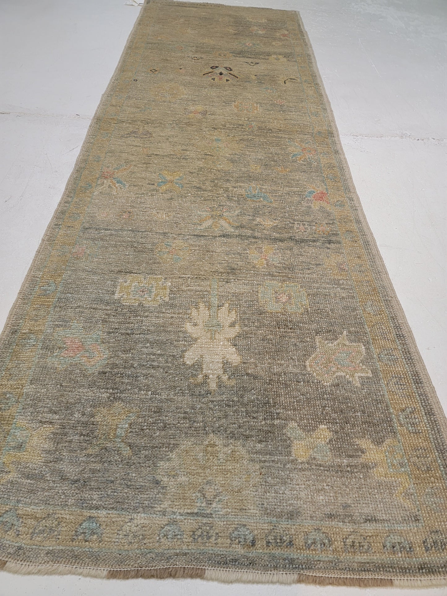Hand-Knotted Wool Runner Turkish Oushak 3'1" x 9'6"