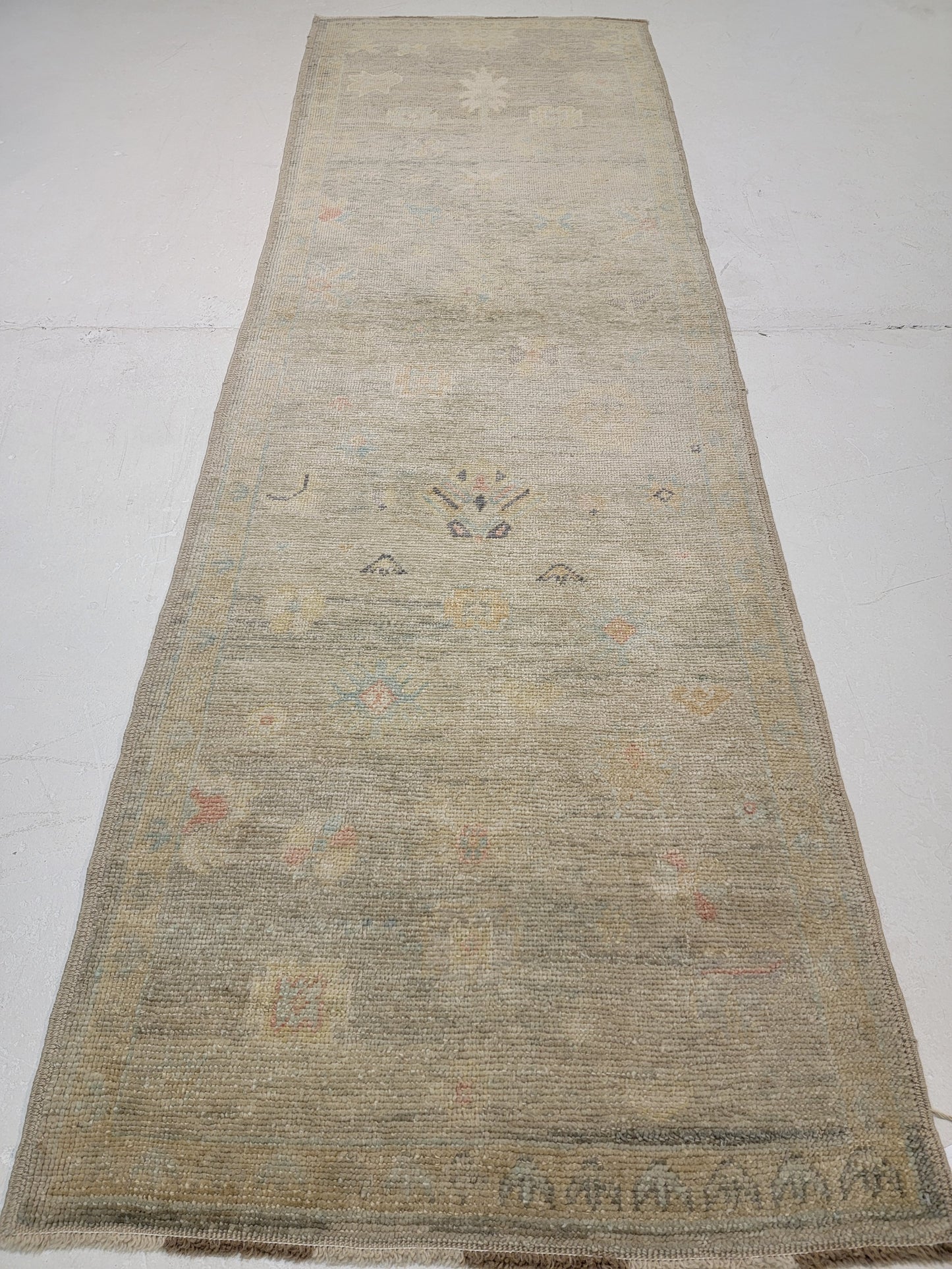 Hand-Knotted Wool Runner Turkish Oushak 3'1" x 9'6"