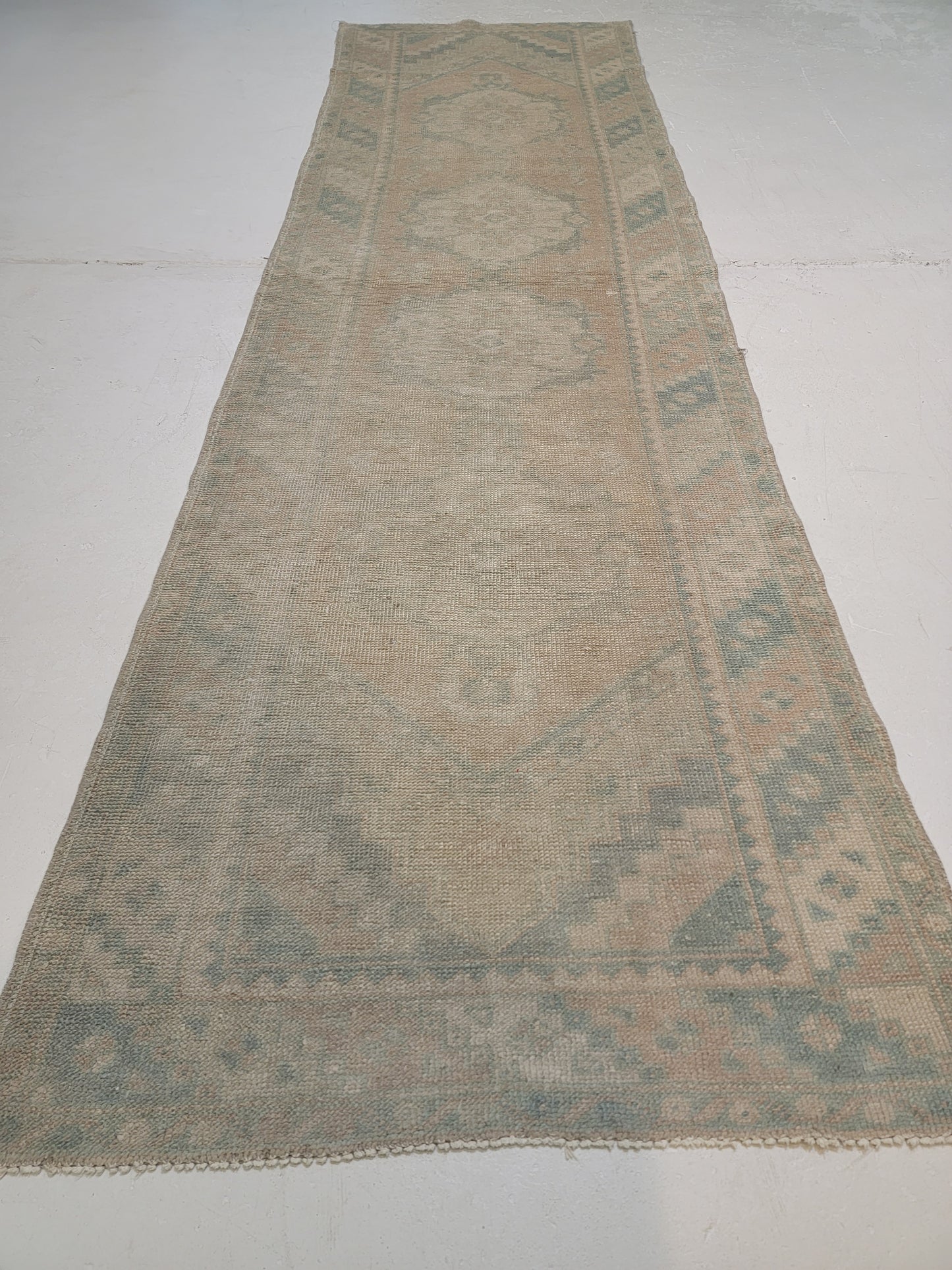 Hand-Knotted Wool Runner Turkish Oushak 3'1" x 9'10"