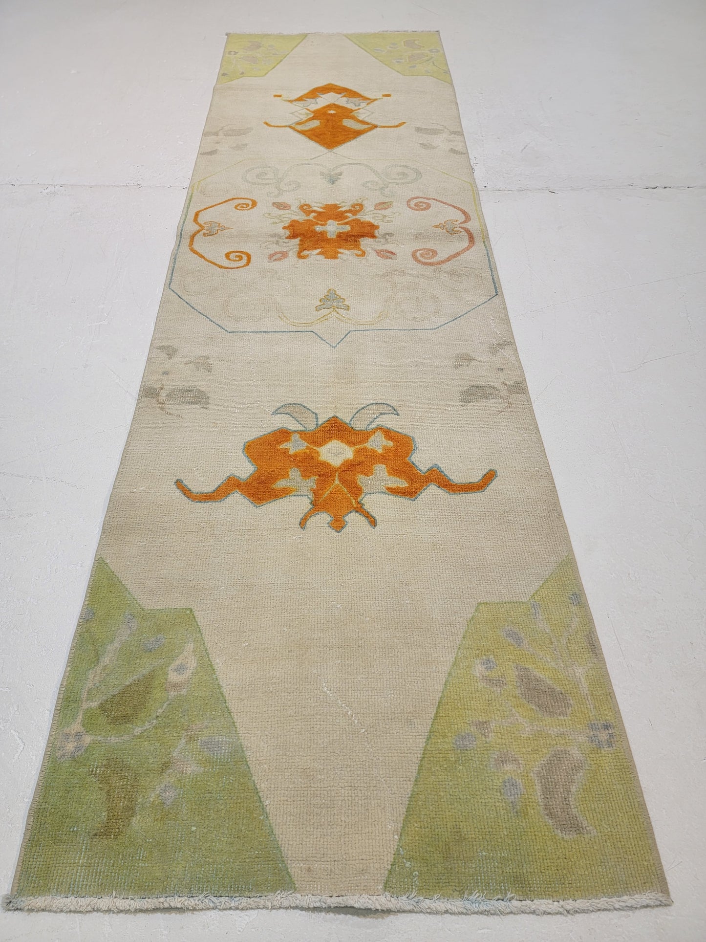 Hand-Knotted Wool Runner Turkish Oushak 2'5" x 8'4"