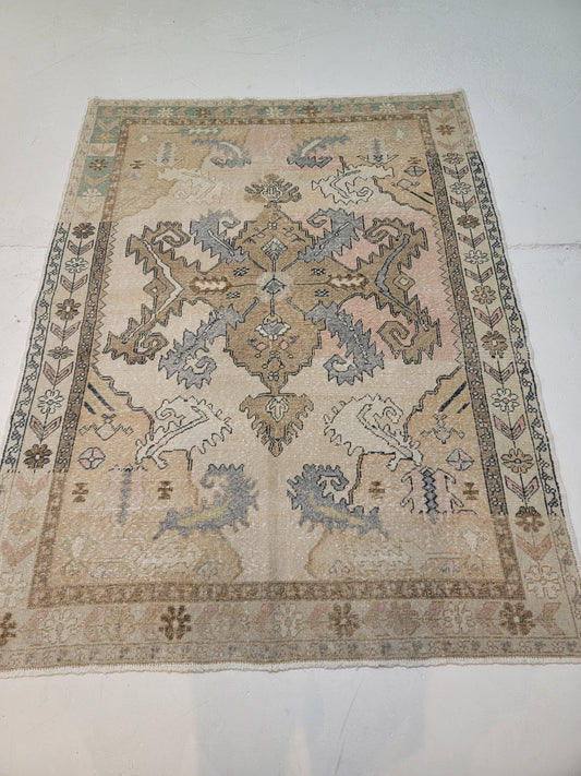 Hand-Knotted Wool Area Rug Turkish Oushak 4'5" x 5'5"