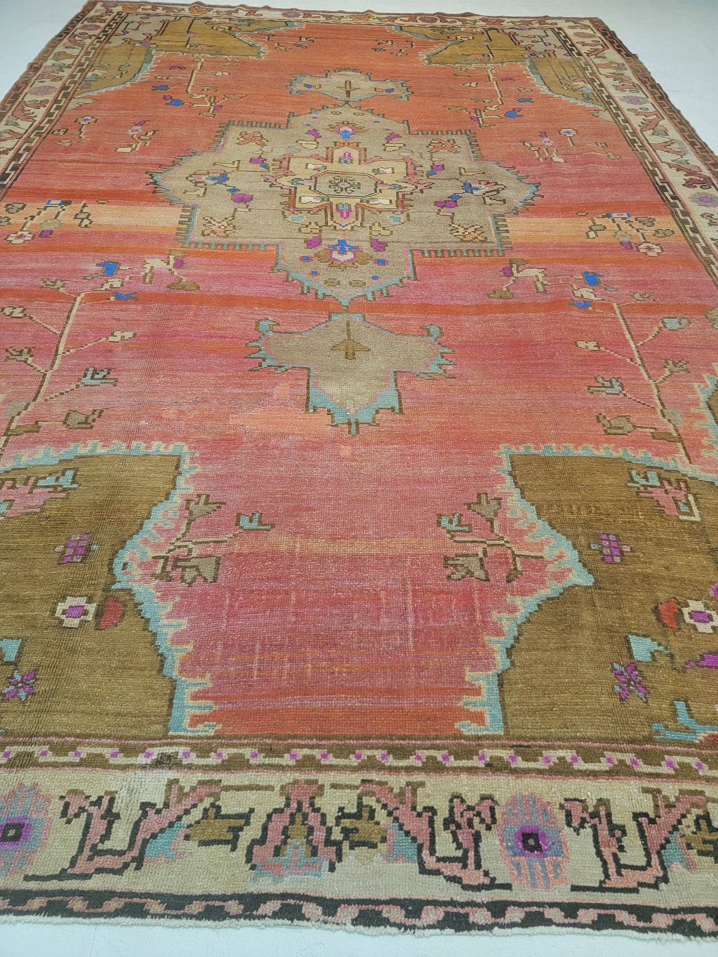 Hand-Knotted Wool Area Rug Antique Turkish Oushak 9'7" x 14'1"
