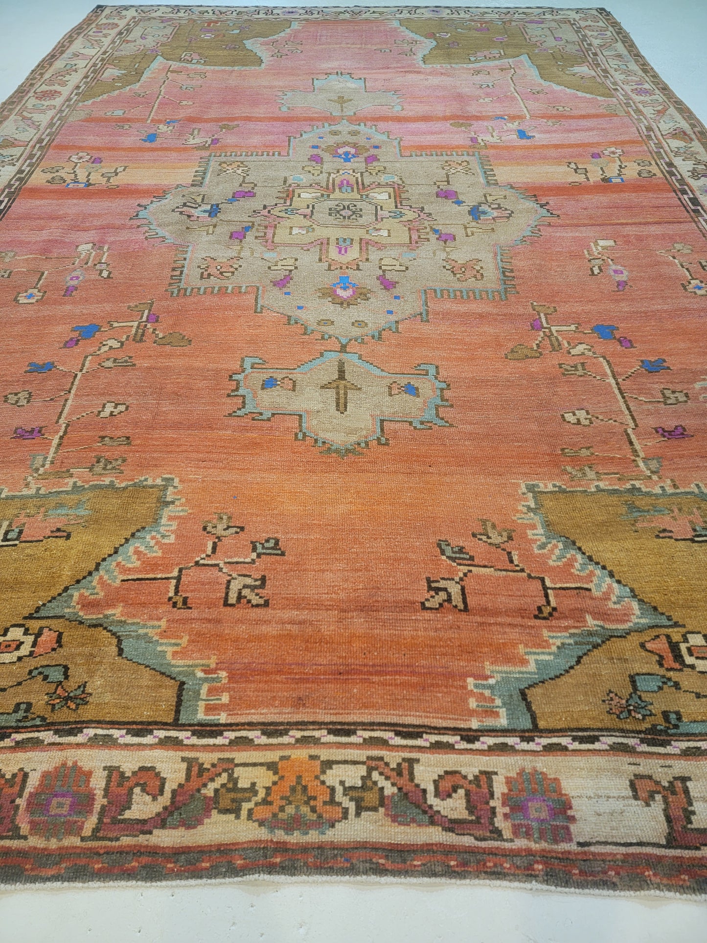 Hand-Knotted Wool Area Rug Antique Turkish Oushak 9'7" x 14'1"