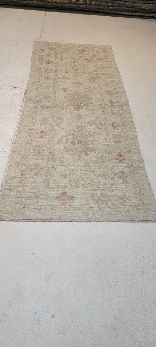 Hand-Knotted Wool Runner Turkish Oushak 3' x 7'10"