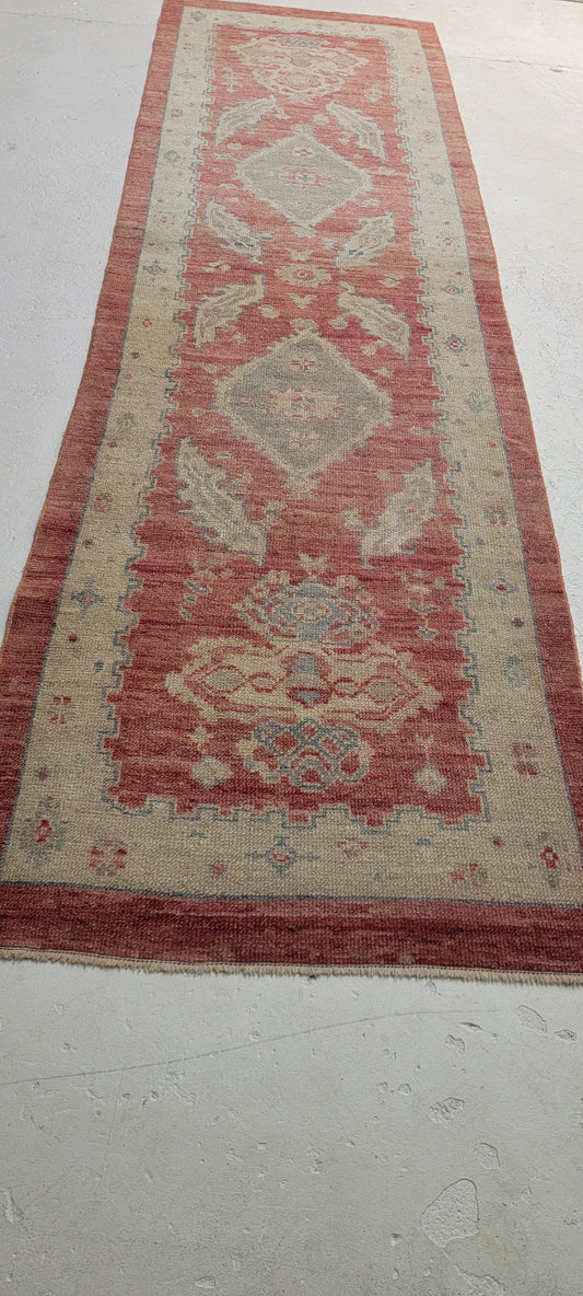 Hand-Knotted Wool Runner Turkish Oushak 2'11" x 10'3"