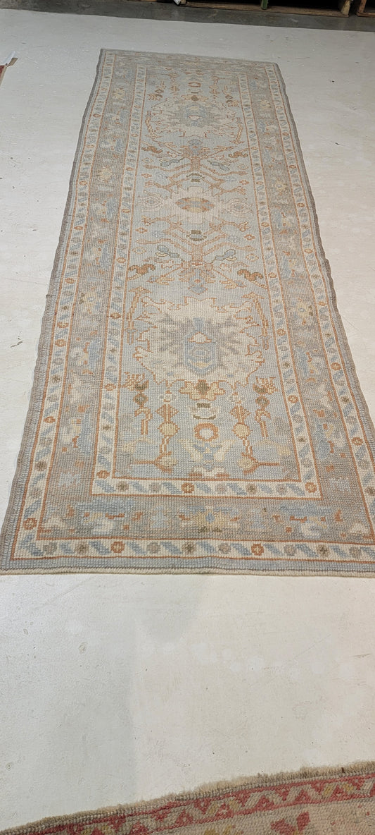 Hand-Knotted Wool Runner Turkish Oushak 3' x 9'2"