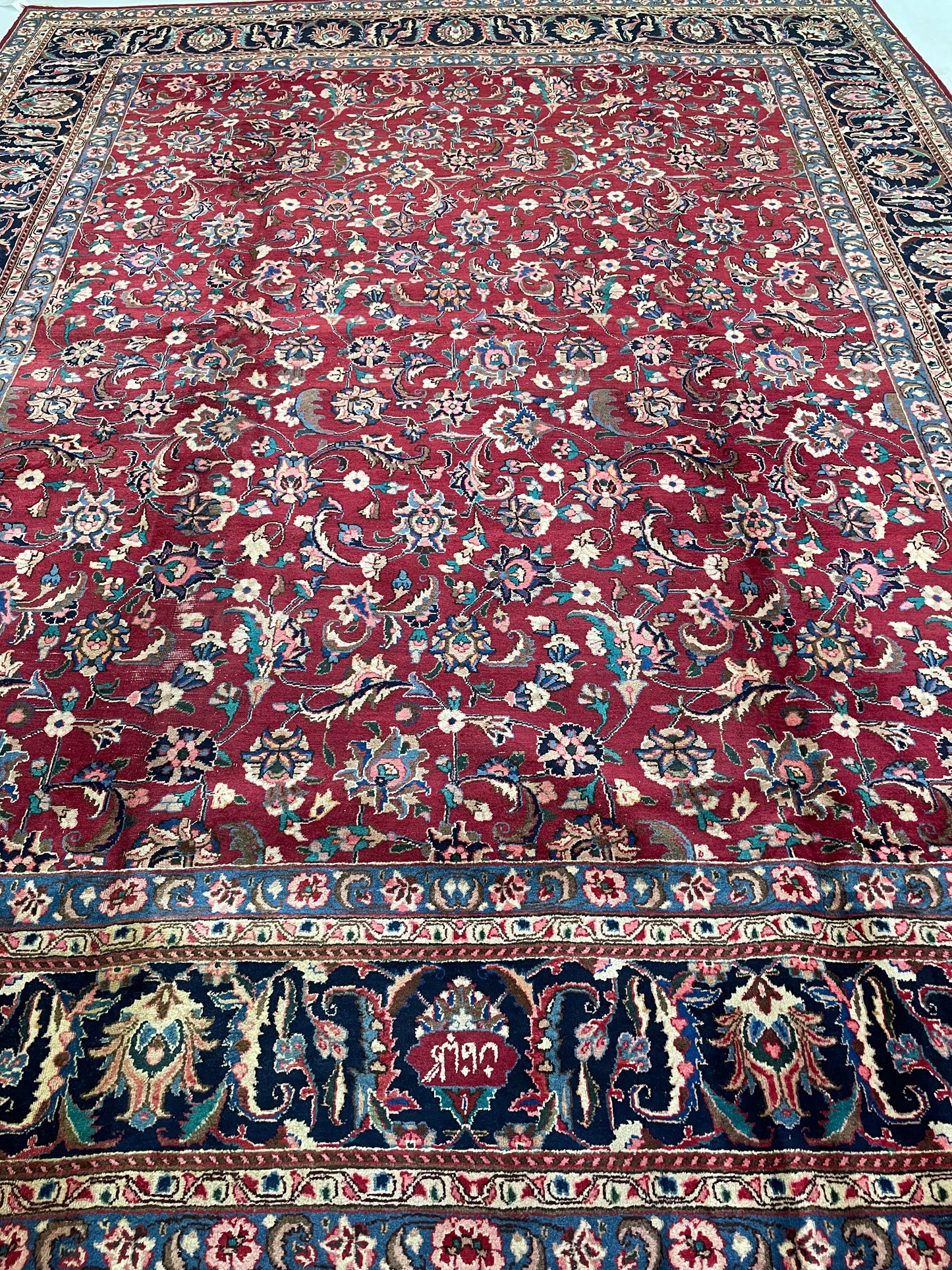 Hand-Knotted Wool Rug Mashad Signed 9'6" x 12'2"