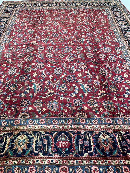 Hand-Knotted Wool Rug Mashad Signed 9'6" x 12'2"