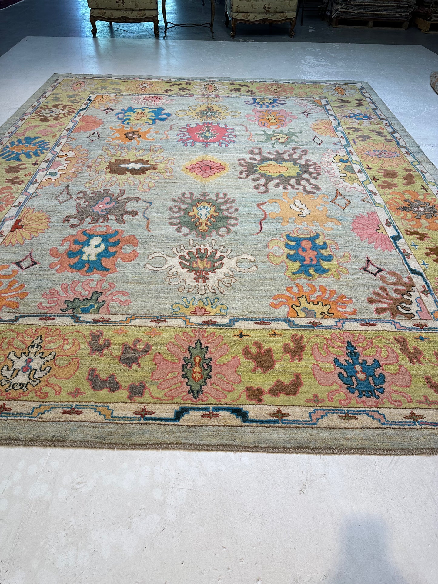Hand-Knotted Wool Rug Turkish Oushak 10'4" x 12'11"