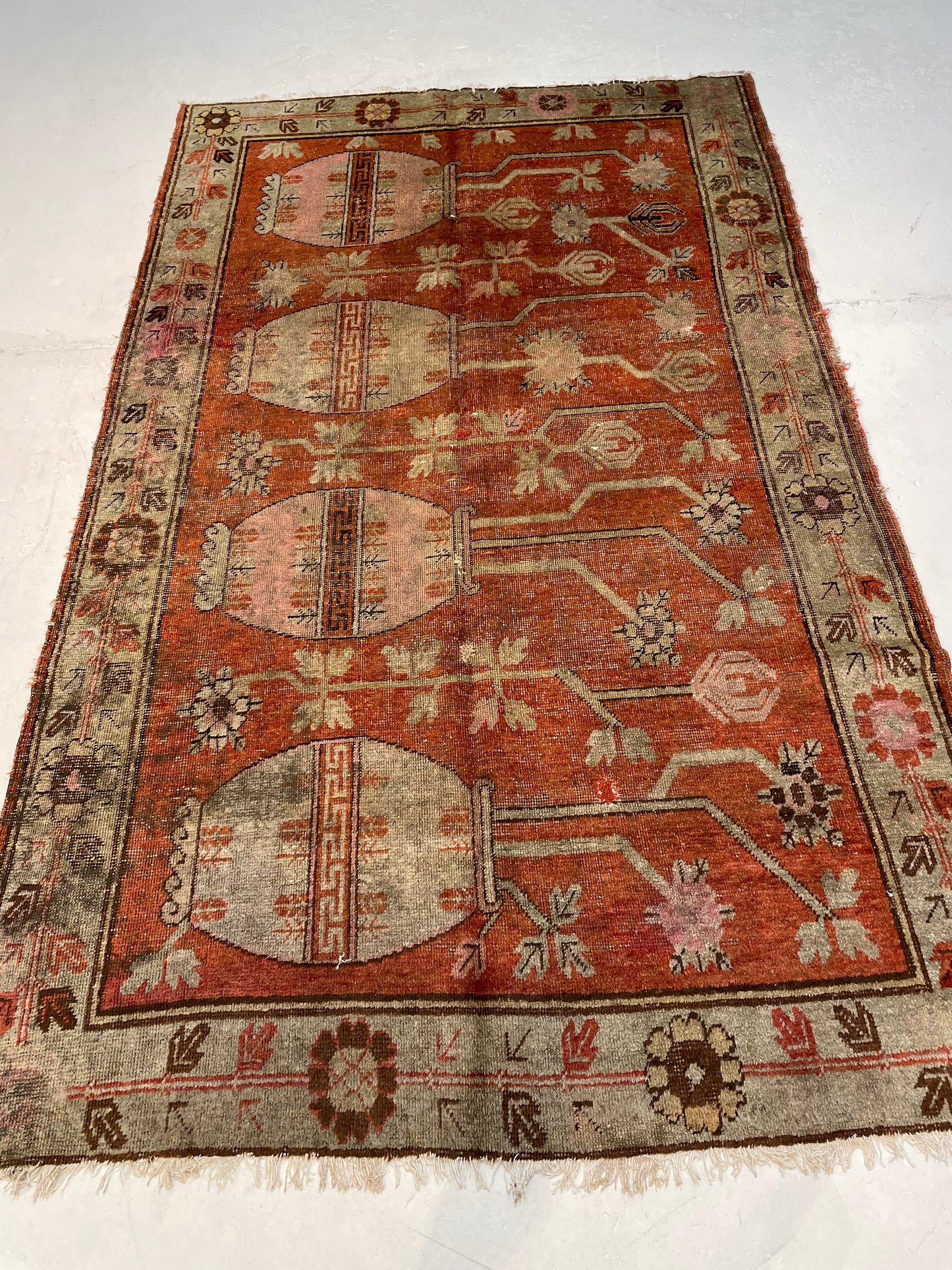 Antique Hand-Knotted Wool Area Rug Khotan Samarkand Collectible 5'1" x 8'3"