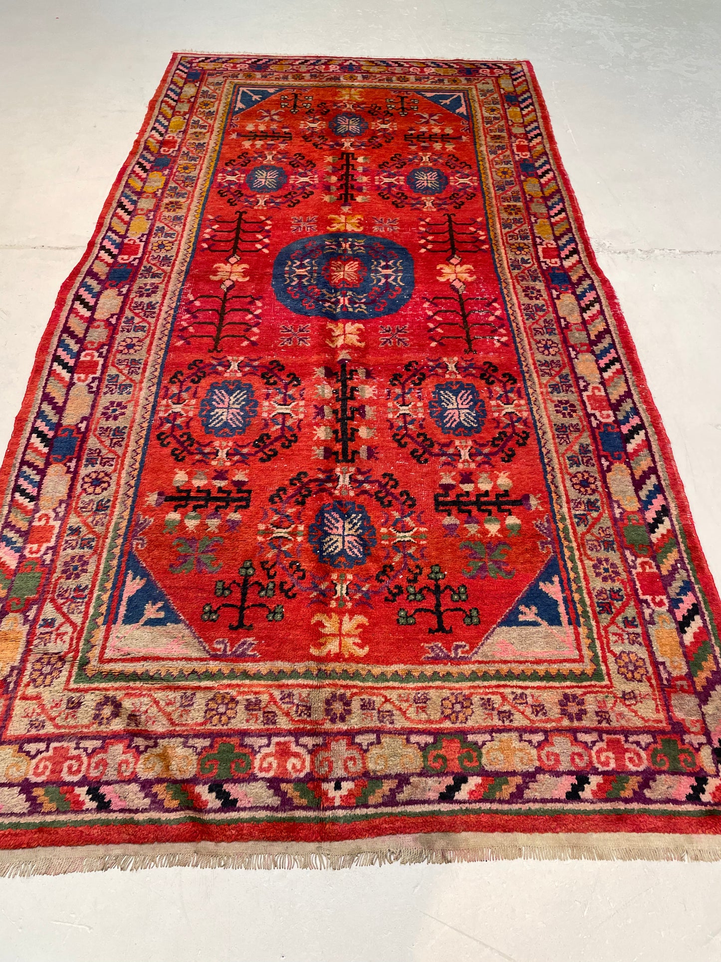 Antique Hand-Knotted Wool Area Rug Khotan Samarkand Collectible 4'4" x 9'5"
