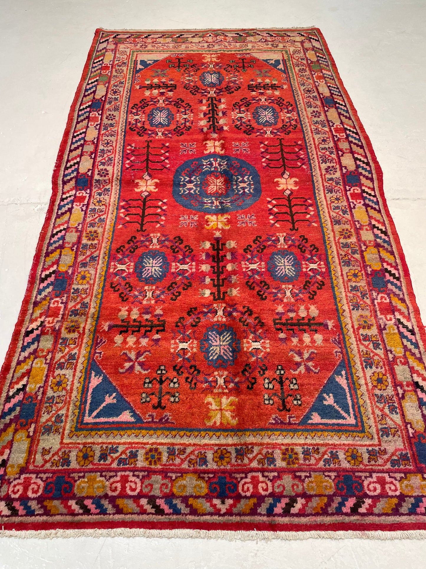 Antique Hand-Knotted Wool Area Rug Khotan Samarkand Collectible 4'4" x 9'5"