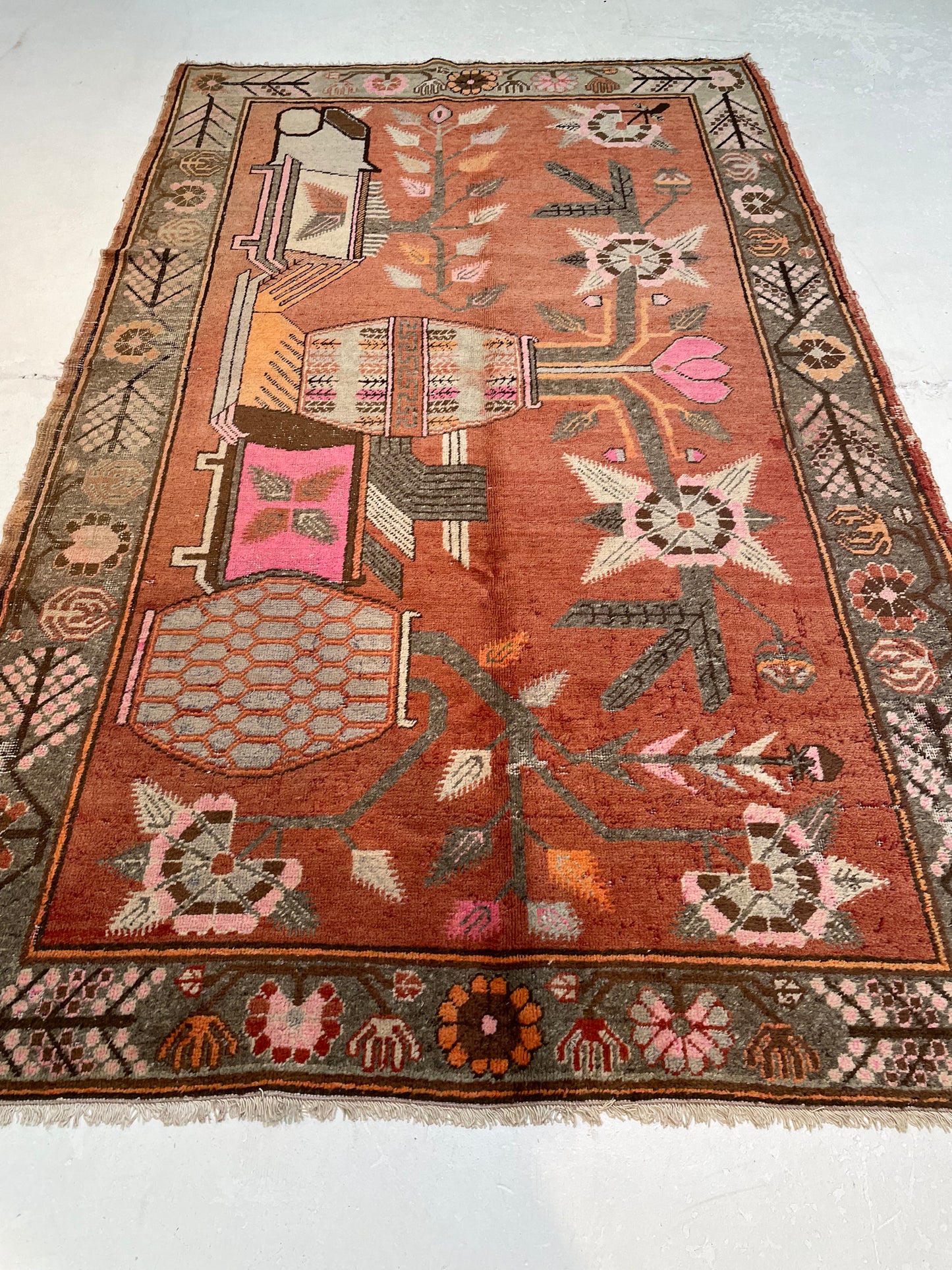 Antique Hand-Knotted Wool Area Rug Khotan Samarkand Collectible 5'3" x 8'10"