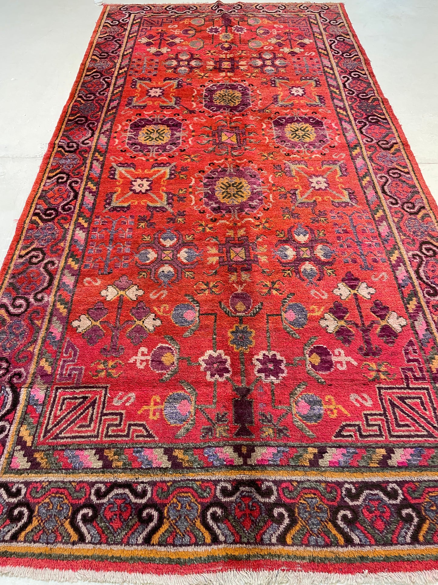 Antique Hand-Knotted Wool Gallery Size Khotan Samarkand Collectible 5'1" x 10'6"