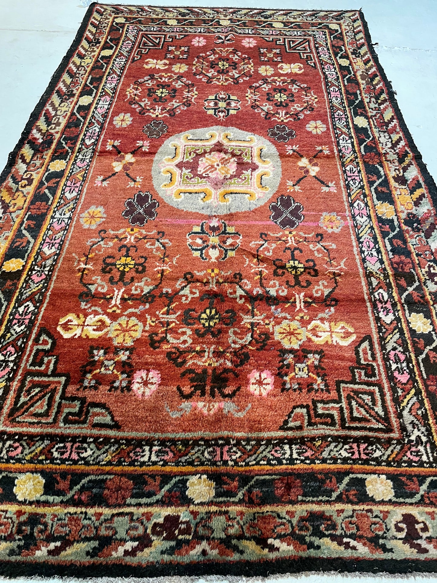Antique Hand-Knotted Wool Gallery Size Khotan Samarkand Collectible 4'10" x 8'7"