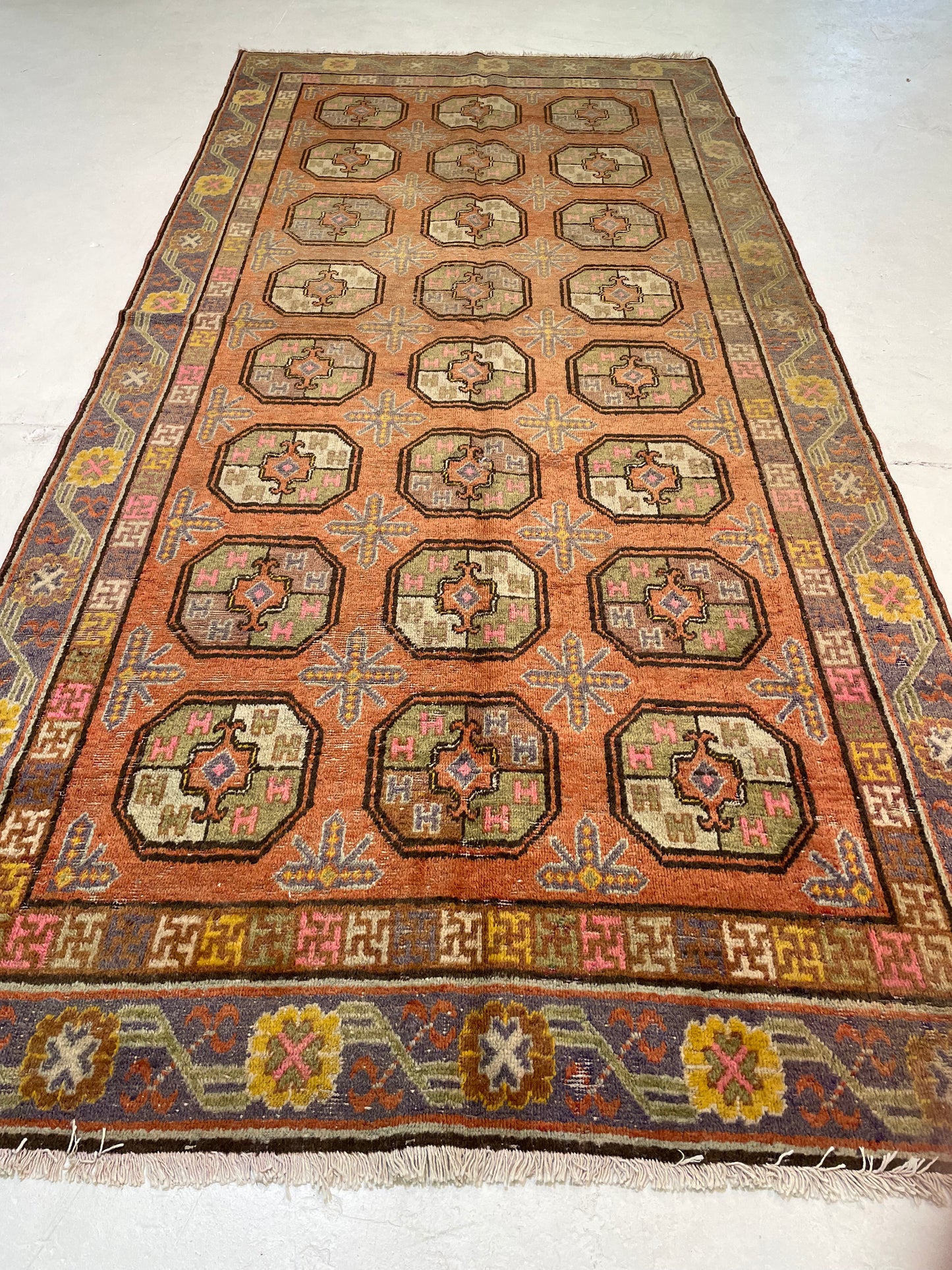 Antique Hand-Knotted Wool Gallery Size Khotan Samarkand Collectible 4'4" x 10'5"