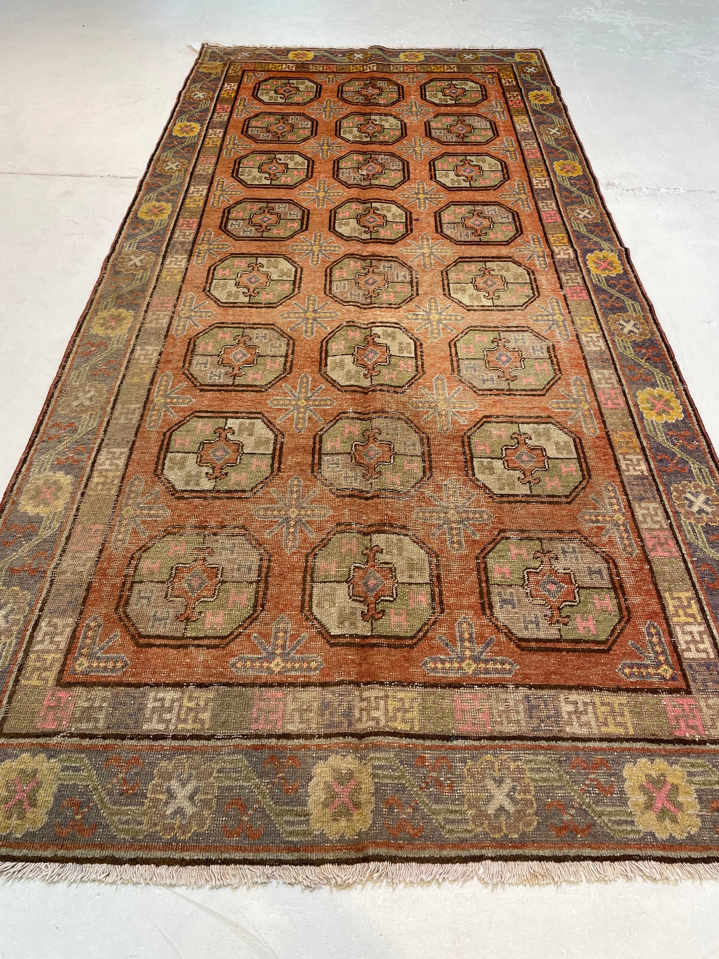 Antique Hand-Knotted Wool Gallery Size Khotan Samarkand Collectible 4'4" x 10'5"