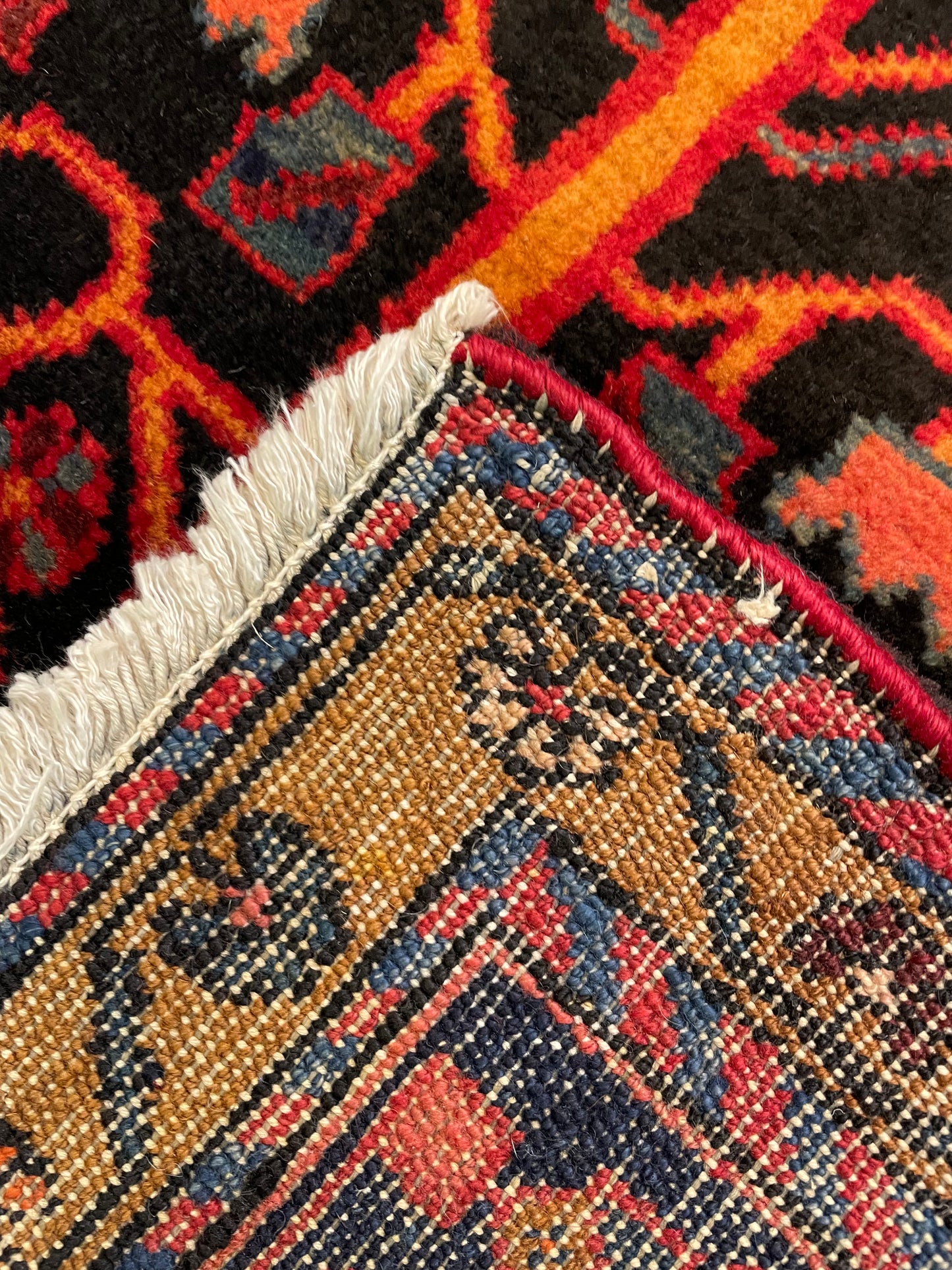 Antique Hand-Knotted Wool Gallery Size Nahavand Red/Black/Blue 3'6" x 17'3"