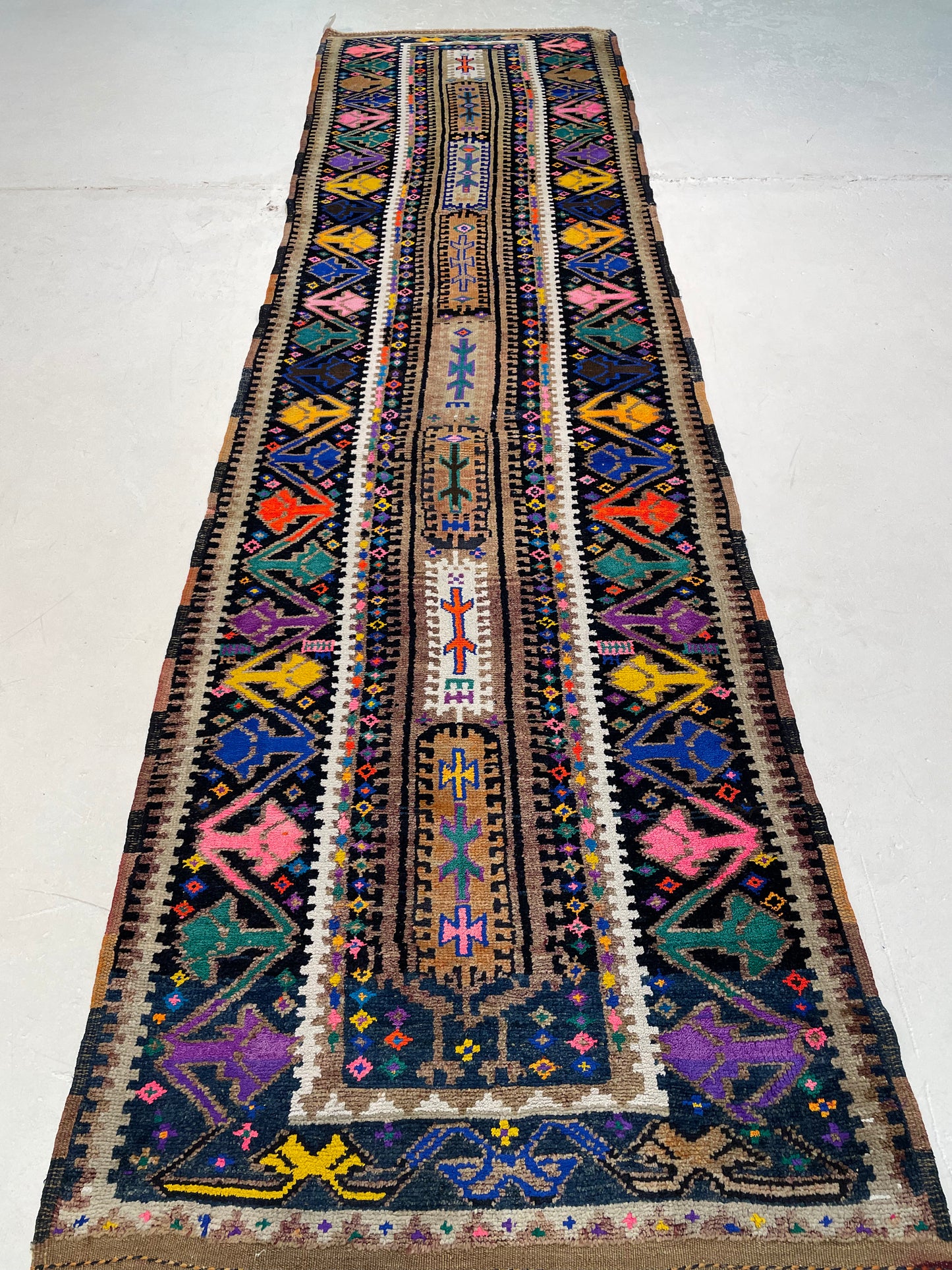 Hand-Knotted Wool Runner Turkish Oushak 3'5" x 12'