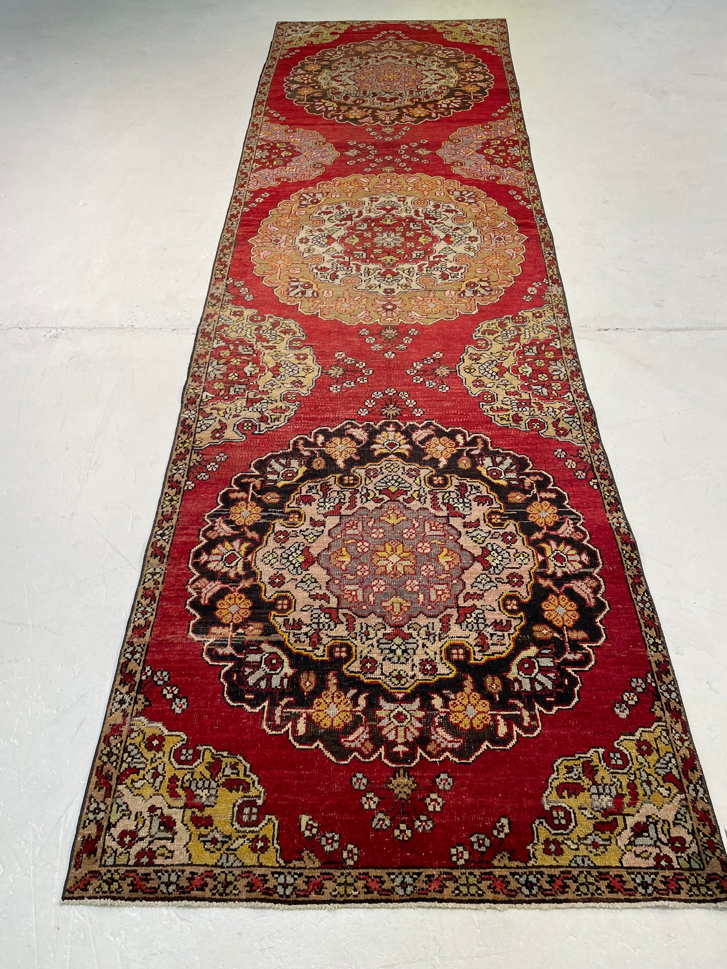 Hand-Knotted Wool Runner Turkish Oushak Colorful 3'5" x 12'4"