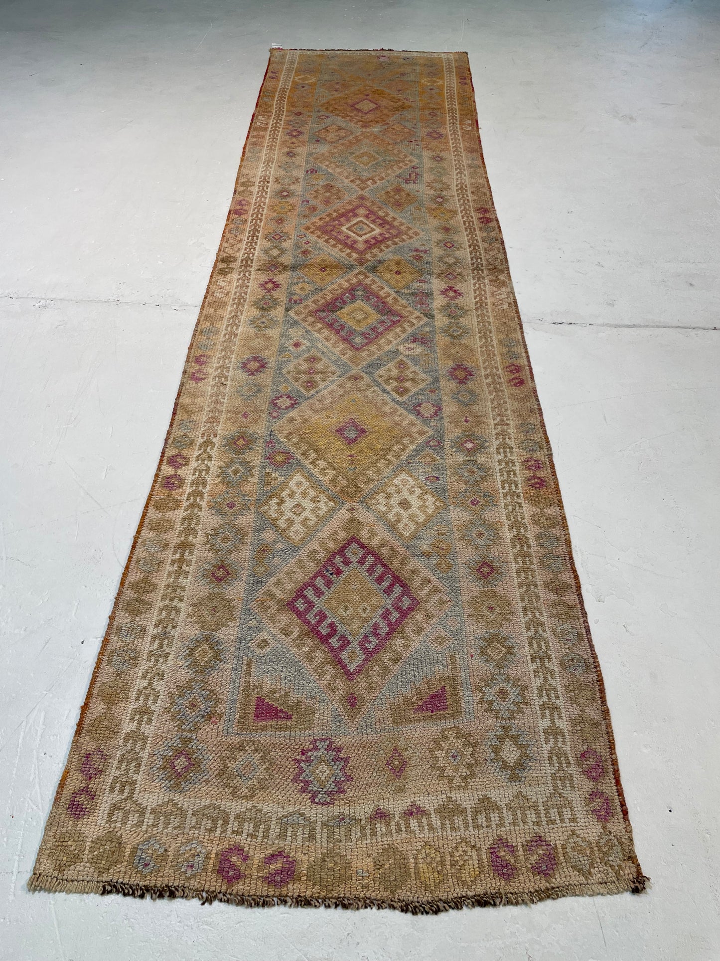 Hand-Knotted Wool Runner Turkish Oushak 3'2" x 12'3"