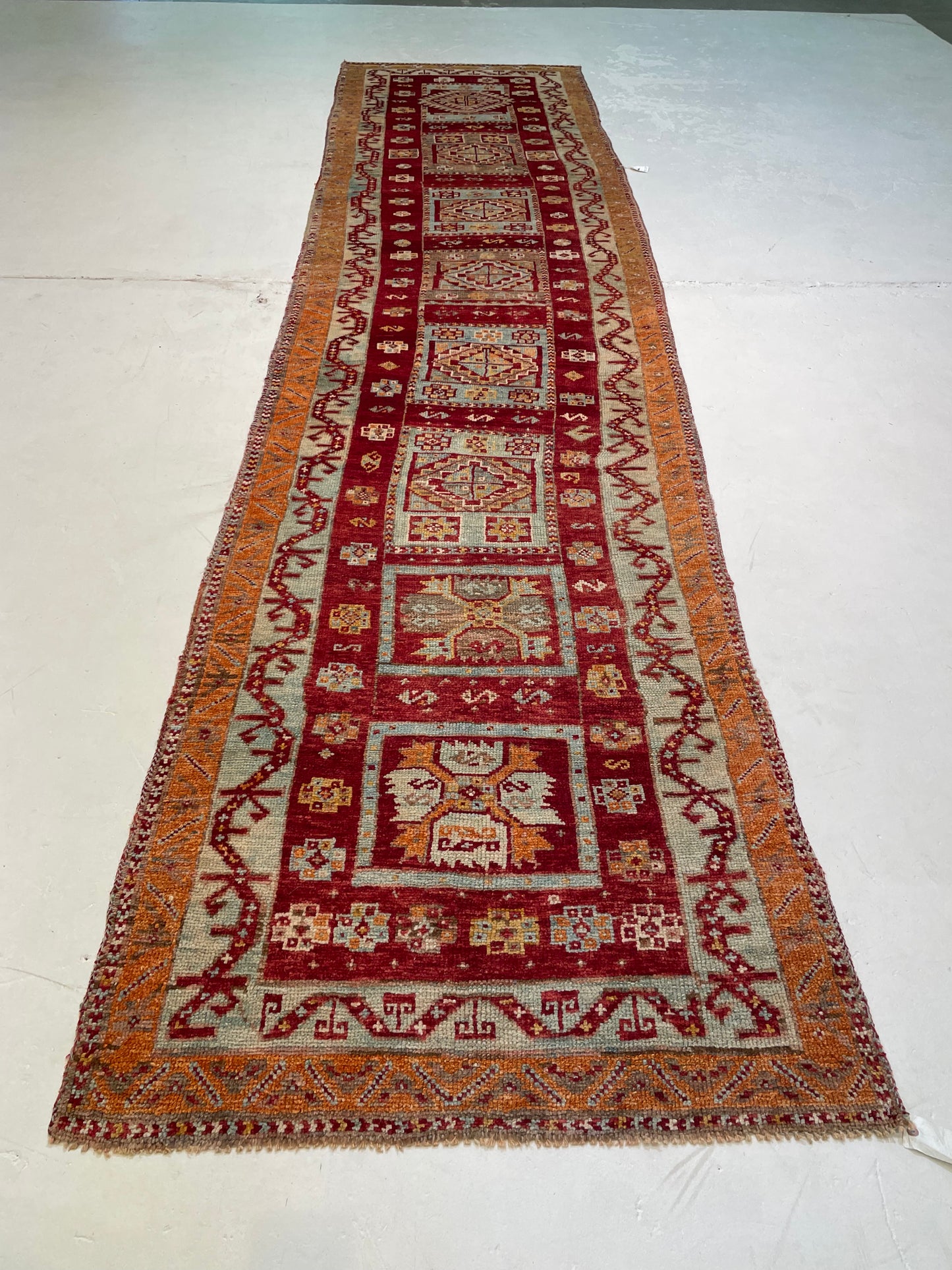 Hand-Knotted Wool Runner Turkish Oushak 3'8" x 14'10"