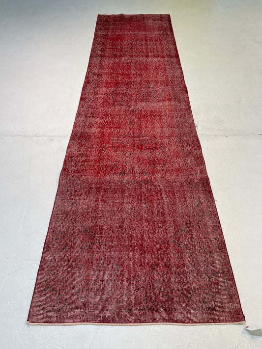Hand-Knotted Wool Runner Turkish Oushak Distressed Overdye 3'1" x 11'8"