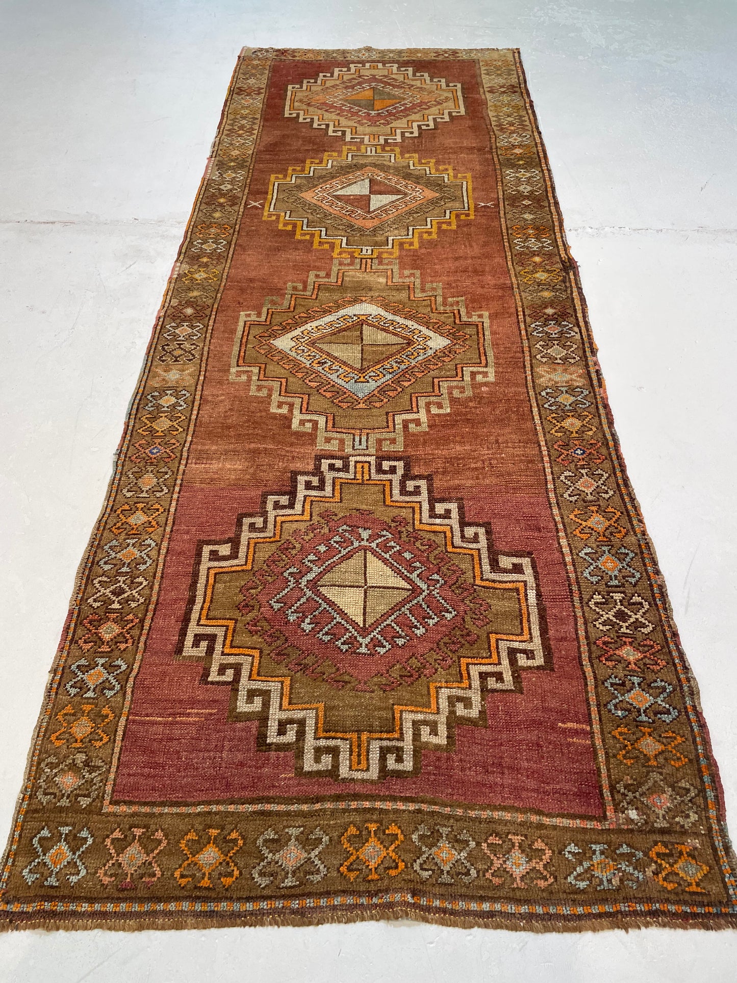 Hand-Knotted Wool Runner Turkish Oushak 3'9" x 10'3"