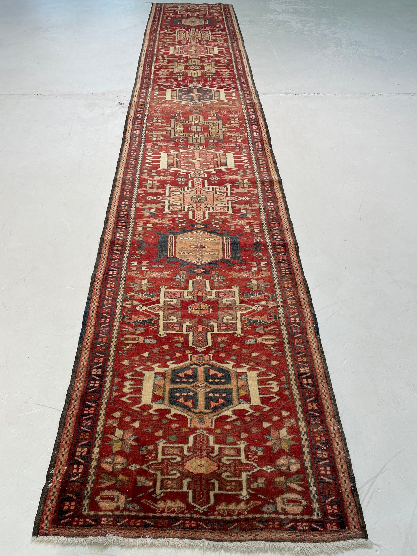 Antique Hand-Knotted Wool Runner Heriz Karajeh 2'9" x 14'10"