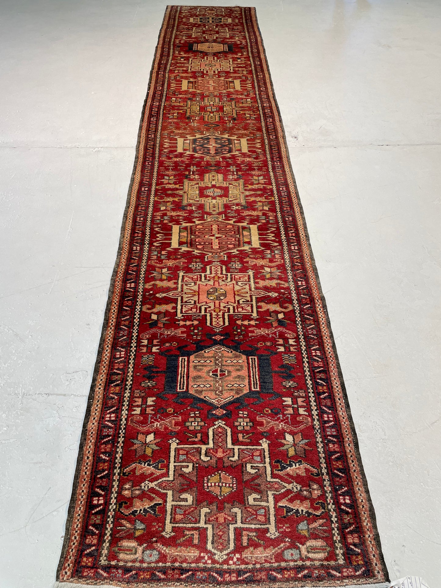 Antique Hand-Knotted Wool Runner Heriz Karajeh 2'9" x 14'10"
