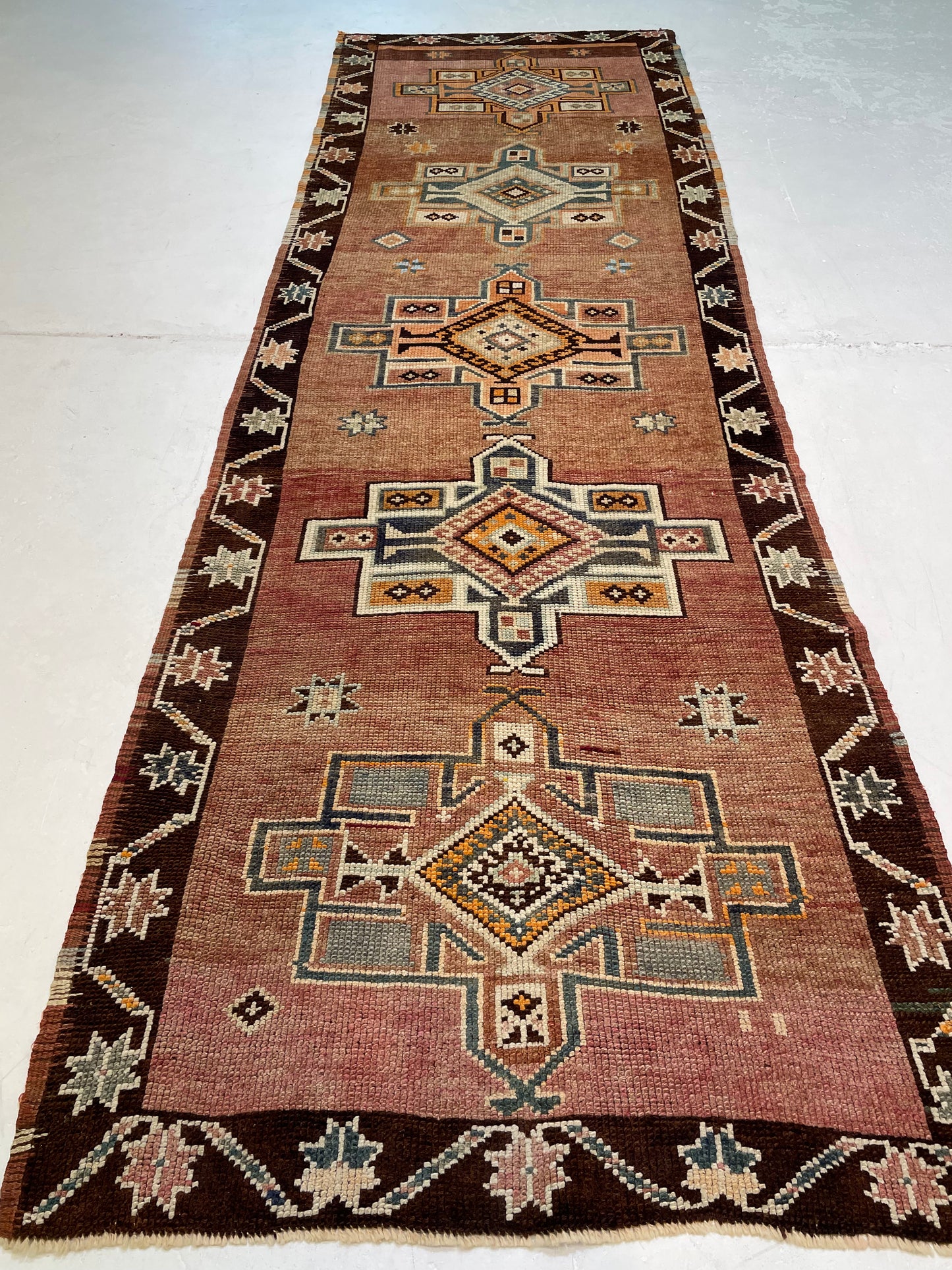 Hand-Knotted Wool Runner Turkish Oushak 3'5" x 12'