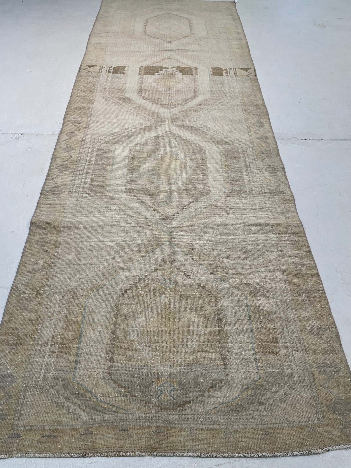 Hand-Knotted Wool Runner Turkish Oushak 3'10" x 11'4"