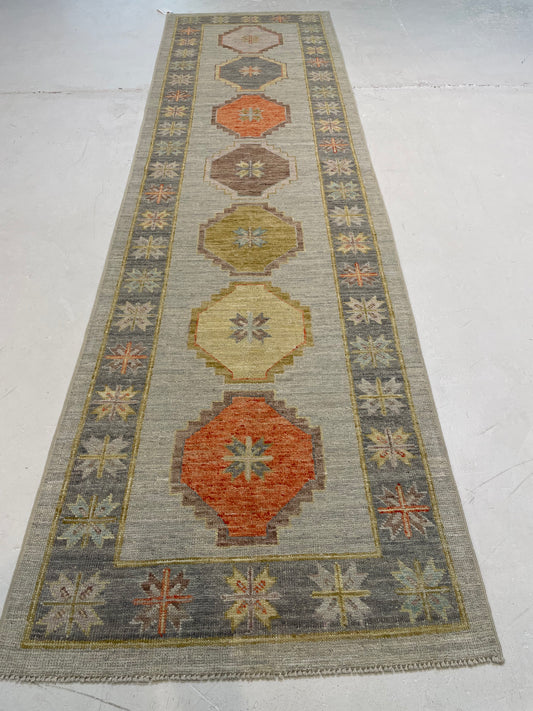 Hand-Knotted Wool Runner Turkish Oushak 2'9" x 9'11"
