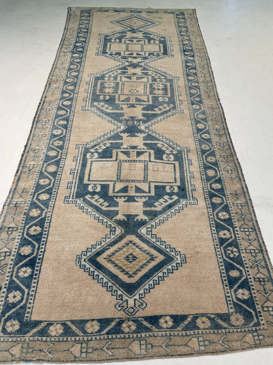 Hand-Knotted Wool Runner Turkish Oushak 4'2" x 10'6"