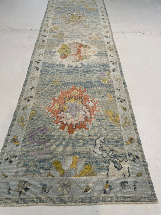 Hand-Knotted Wool Runner Turkish Oushak 2'9" x 9'3"