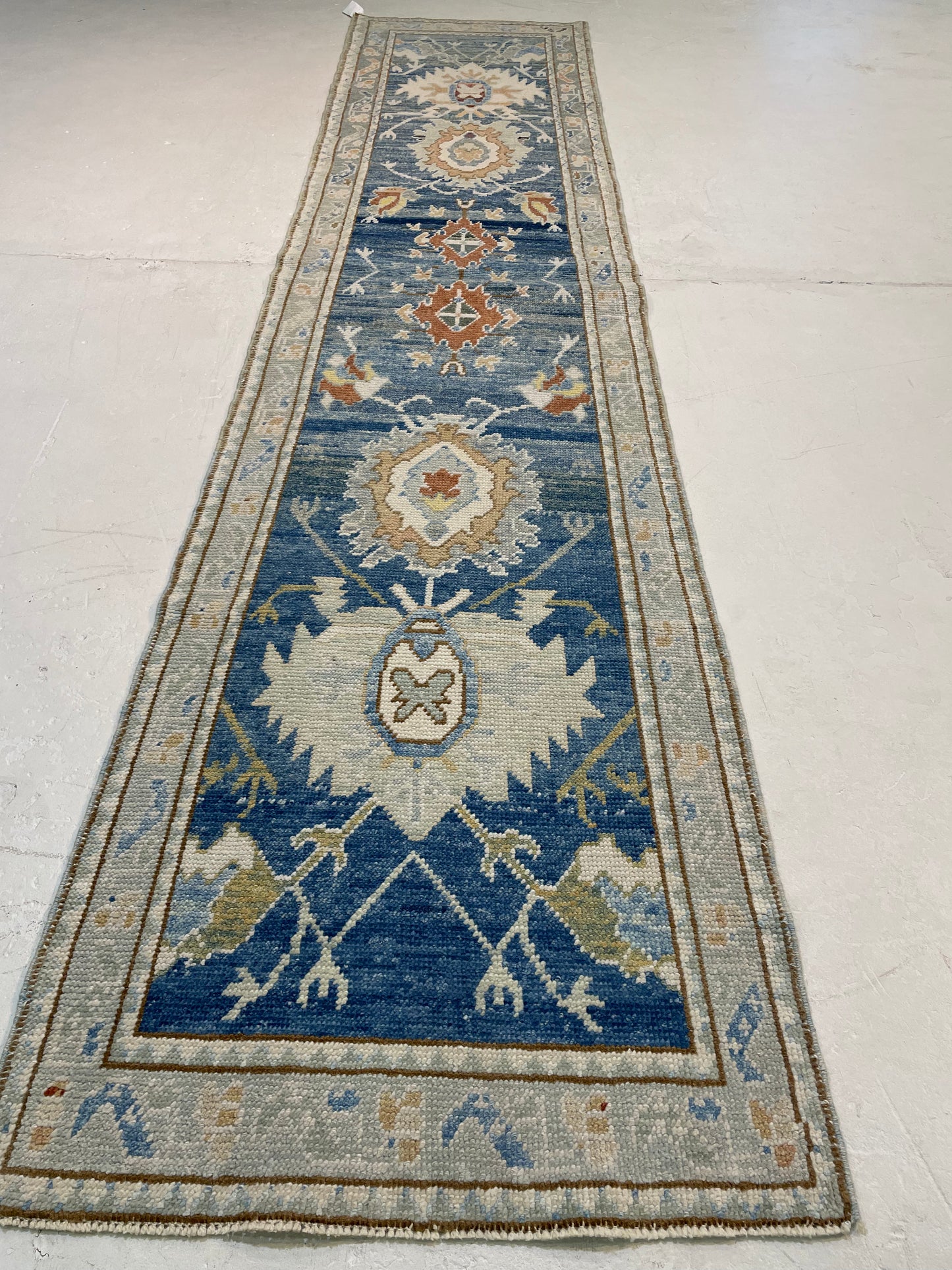 Hand-Knotted Wool Runner Turkish Oushak 2'10" x 12'4"