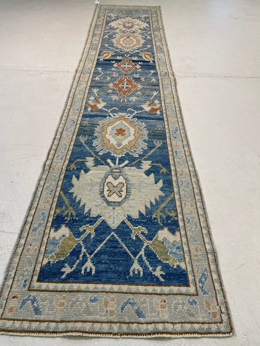 Hand-Knotted Wool Runner Turkish Oushak 2'10" x 12'4"