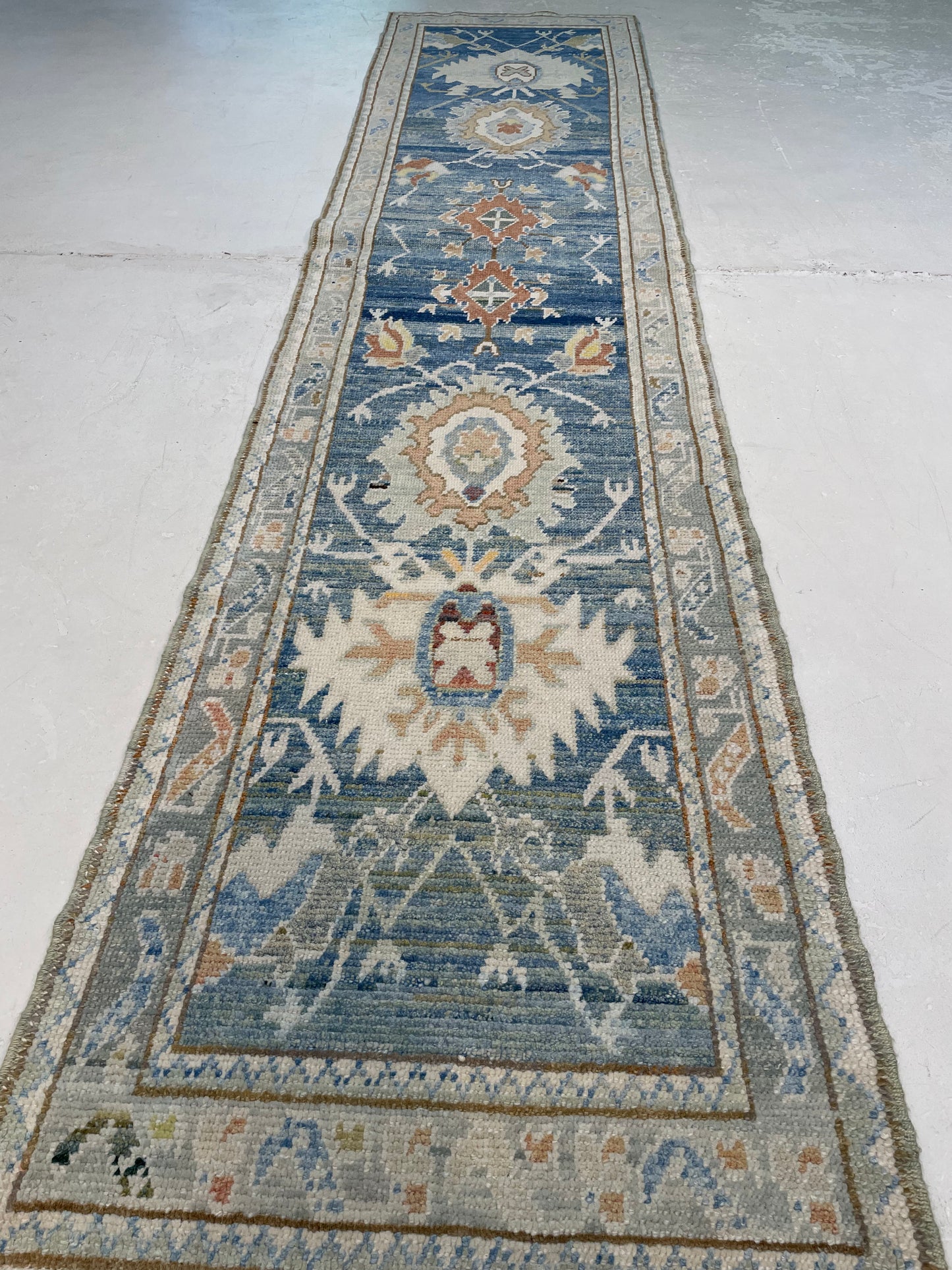 Hand-Knotted Wool Runner Turkish Oushak 2'10" x 12'4"